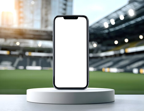 A modern smartphone displaying a blank screen, positioned on a circular pedestal in a sports stadium environment, representing digital connectivity. - Powered by Adobe