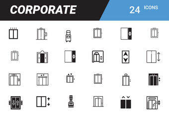 Corporate Icons: A comprehensive set of 24 sleek, minimalist icons representing various elements of corporate infrastructure and services, perfect for design.