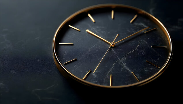 Close-up of a stylish gold and black clock on a dark surface, showcasing modern design and elegance. Perfect for time management and home decor themes.