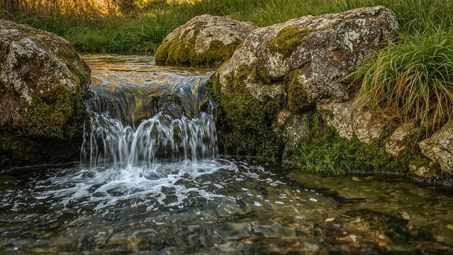 Mini waterfall running across algae-covered stones of the Enteromorpha sp. variety