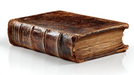 Antique leather-bound book, aged and worn, lies on a white surface, showcasing its historical texture