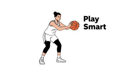 Obraz premium Stylized female basketball player illustration in white uniform holding orange ball, ready to pass or shoot.