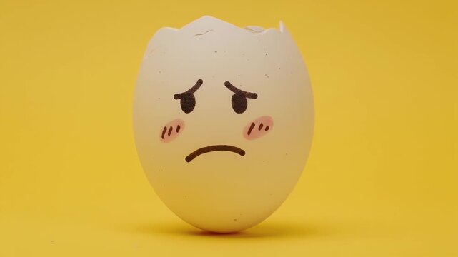 Broken Eggshell with Sad Cartoon Face on Bright Yellow Background Still Life