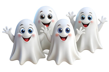 Fototapeta premium A group of four friendly cartoon ghosts with big eyes and waving hands are gathered together for halloween isolated on transparent background
