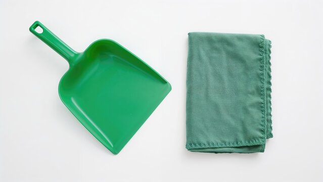 Miniature green dustpan with shovel and cloth for cleaning on a white backdrop