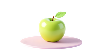 Green apple on pink platform 3d rendered, isolated on white background