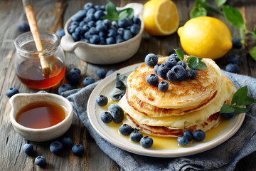 Stack of pancakes with blueberries, honey, and lemons on a wooden surface