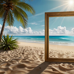 Tropical Beach with Picture Frame in Sand Under Palm Tree