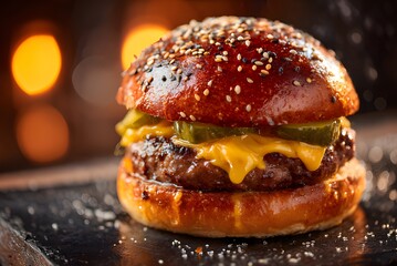 Juicy gourmet burger with melted cheese and pickles, perfectly grilled with sesame seed bun, ideal for food advertising and menus.