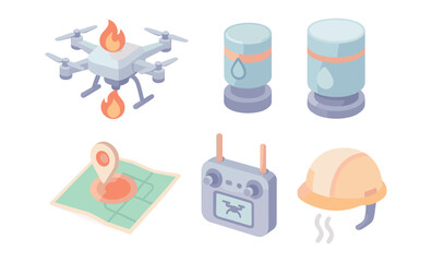 Isometric drone technology set with fire and water elements