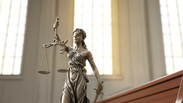 Statue of Lady Justice Holding Scales and Sword in Courtroom Setting
