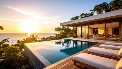 Fototapeta premium Tranquil Villa by the Ocean: A modern villa, complete with an infinity pool, basks in the warm glow of the setting sun. This luxury property offers a panoramic view of the ocean.