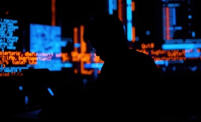 A silhouette of a person coding in front of a laptop surrounded by vibrant blue and orange digital lights Vibrant Rim Light technology vibrant background colorful modern