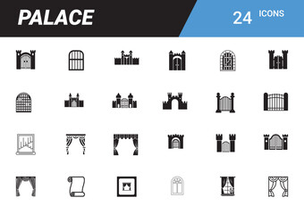 Palace Icons Collection: A meticulously crafted set of 24 diverse palace-themed icons, offering a wealth of graphic resources for design projects. These resources evoke elegance and grandeur.