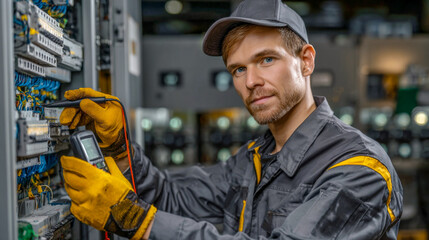Male technician in gray work uniform, using a multimeter to test electrical circuits in a control panel, showcasing expertise in electrical maintenance and troubleshooting skills