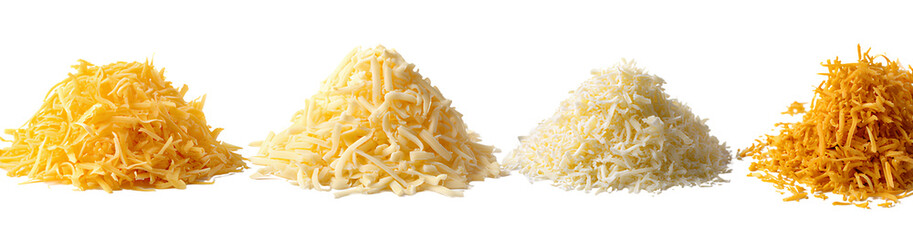 Fototapeta premium Four different types of grated cheese isolated on a Transparent background PNG