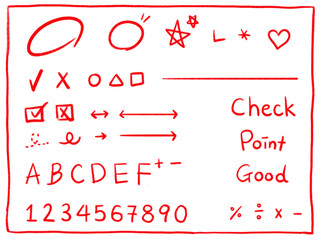A hand-drawn red doodle clipart set featuring check marks, arrows, shapes, letters, numbers, and symbols. Perfect for planners, journals, notes, and digital scrapbooking. © seo_on