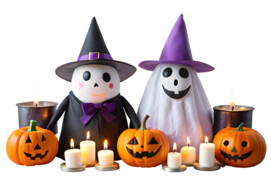 Two cute halloween figures a scarecrow and a ghost sit surrounded by glowing jackolanterns and flickering candles isolated on transparent background