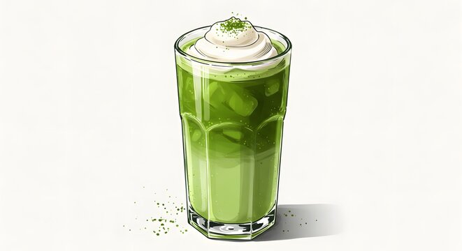 A tall glass filled with a vibrant green matcha latte, topped with whipped cream and a dusting of matcha powder.
