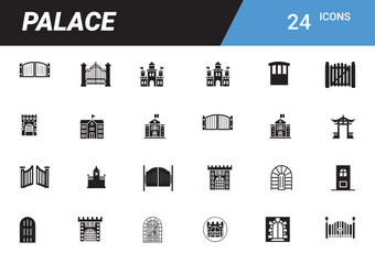 Palace Icon Set: A comprehensive icon set featuring architectural illustrations, each designed with detail and elegance, including gates, castles, and architectural details.