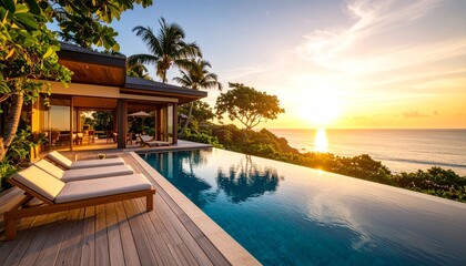 Obraz premium Seaside Serenity: A luxurious waterfront villa overlooks an infinity pool, seamlessly merging with the tranquil ocean, under a radiant sunset sky.