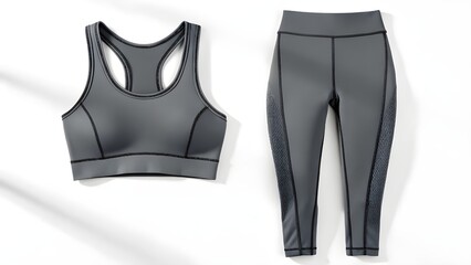 Mockup Gray sports bra and leggings set laid out on a white background, showcasing activewear apparel.