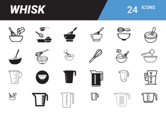 Whisk Icon Set: A comprehensive array of sleek, minimalist line art icons of whisks, mixing bowls, measuring cups, and other baking utensils, perfect for culinary or kitchen design applications.