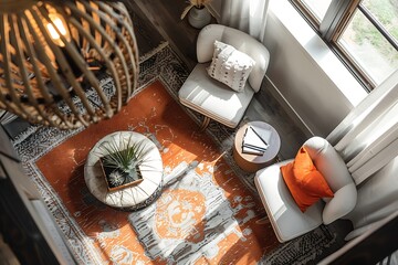 Cozy interior design with armchairs, rug, and ottoman. Elegant living room space aerial view