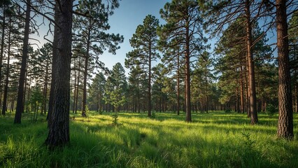 Obraz premium A summer day glowing with sunshine in a pine forest