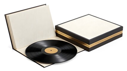 Fototapeta premium Mockup A vinyl record sits inside an open book-like case, next to a closed matching box.