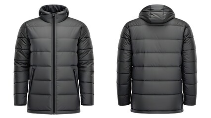 Mockup Front and back views of a dark gray quilted winter jacket, showcasing its design details.