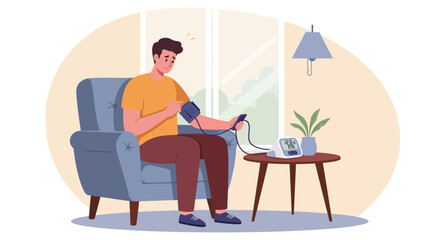 Man measuring blood pressure at home in cozy room setting
