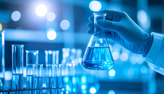 Gloved Hand Holding Erlenmeyer Flask with Blue Liquid in High-Tech Laboratory at Night, AI-generated