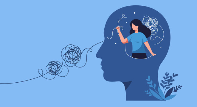 Mental health and problem solving concept with woman untangling though. Overthinking