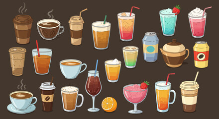 Assorted beverage collection featuring coffee, tea, and refreshing dri