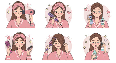Daily hair care routine with girl and hair styling products in cute ca