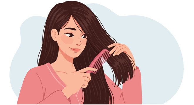 Woman combing hair in pink pajamas: a relaxing morning routine