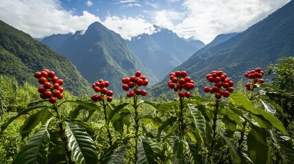 Red berries cluster on plants, mountain backdrop