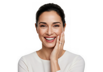 Portrait of smiling woman with hand on cheek against dark space on transparent background