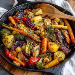 Close up of roasted vegetables in a cast iron skillet with wooden spoon near