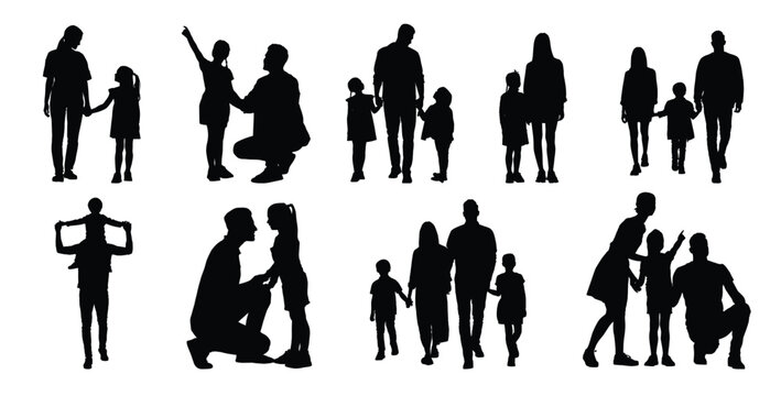 Black silhouette of parents and children in daily life activities, walking, pointing, talking and bonding poses, vector family figures on white background for parenting and awareness designs