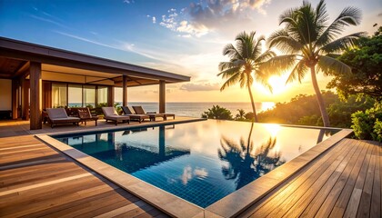 Fototapeta premium Luxury Villa Oasis: A stunning infinity pool mirrors the serene tropical paradise, palm trees, and a modern villa, bathed in the warm glow of a sunset.