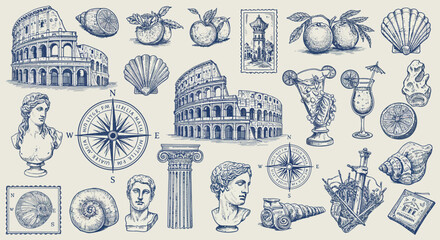 Vintage travel and nautical-themed elements with classical architectur