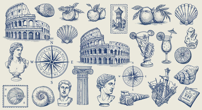 Vintage travel and nautical-themed elements with classical architectur