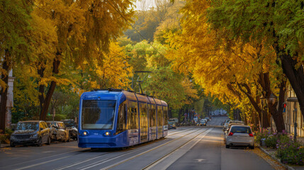 Obraz premium Blue tram travels down a tree-lined street adorned with vibrant autumn foliage, showcasing golden leaves and a serene urban atmosphere during fall season