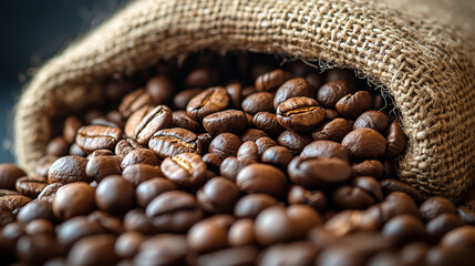 Coffee beans spilling from burlap sack