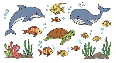 Obraz premium Colorful marine life with cartoon fish, whale, and dolphin underwater