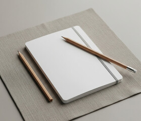 Pocket Notebook Mockup With Pencil On Linen Cloth Neutral Background