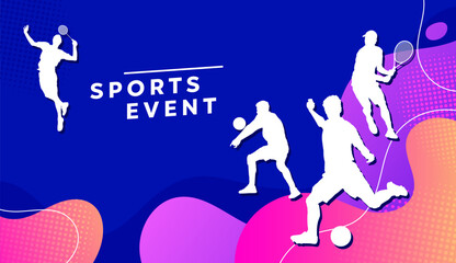 Colorful sports event banner with abstract blue and pink background featuring white silhouettes of athletes playing badminton, football, volleyball, and tennis in dynamic action poses. National Sports