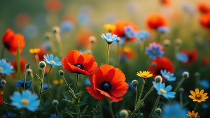 Obraz premium Vibrant wildflowers in a meadow at sunset.